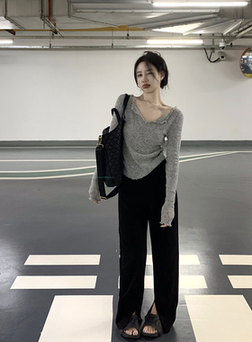 灰色长袖打底衫女春v领性感纯欲辣妹洋气T恤ins短款针织上衣