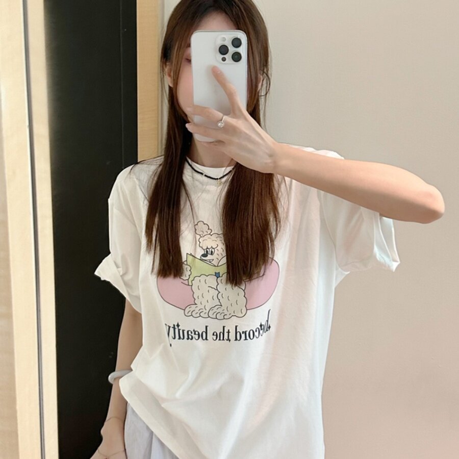 韩国东大门夏季新款阅读卷毛狗趣味可爱印花宽松套头白色短袖T恤
