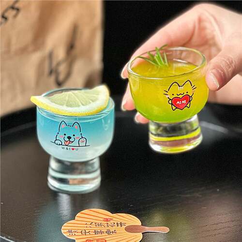 卡通白酒杯爱心可爱小猫小狗透明玻璃果酒杯烈酒杯迷你烧酒杯