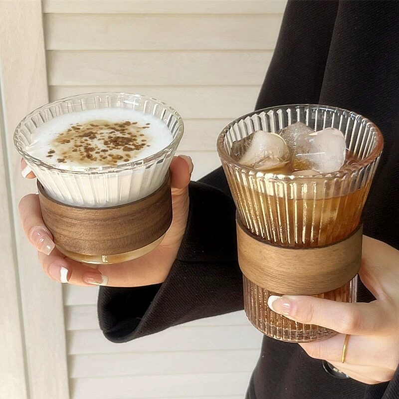 风琴束腰玻璃杯挂耳家用咖啡杯冰美式拿铁拉花杯竹套茶杯咖啡馆用