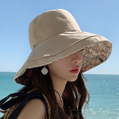 日系双面戴花朵帽子女夏大沿遮脸棉麻渔夫帽遮阳防晒紫外线太阳帽