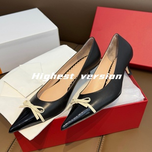 【Highest version】尖头V扣高跟鞋蝴蝶结细跟平底浅口通勤单鞋女