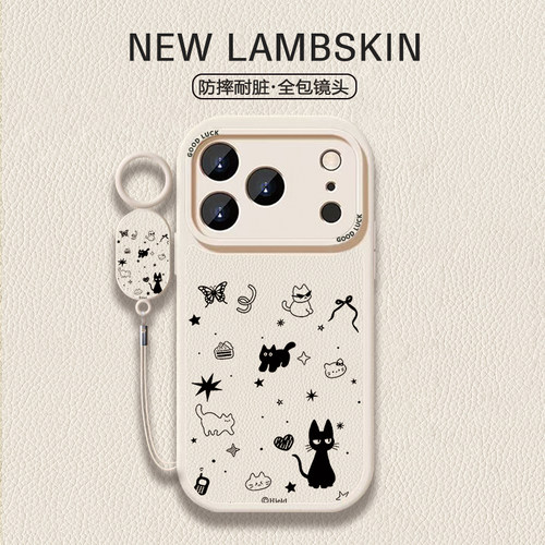 ins 黑白涂鸦猫咪手机壳适用于苹果17ProMax小羊皮全包镜头iPhone15简约高级14plus带同款挂绳防摔软壳小米17