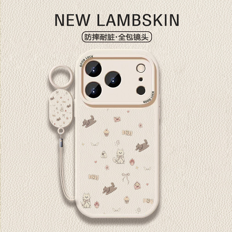 清新碎花信封小猫手机壳适用于苹果17ProMax小羊皮全包镜头iPhone15简约高级14plus带同款挂绳防摔软壳小米17