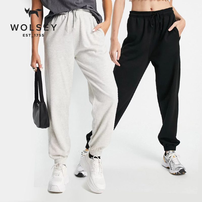 WOLSEY秋冬新款加厚加绒黑色男运动裤女休闲宽松灰色束口时尚卫裤