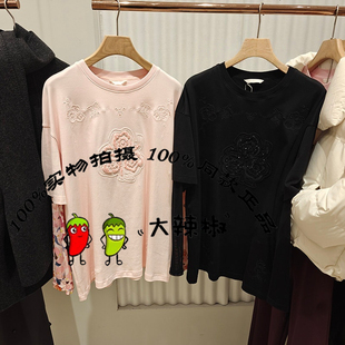 BDT1YD1232衣播女装新款印花宽松圆领拼接袖子T恤停栖树梢的白鹭