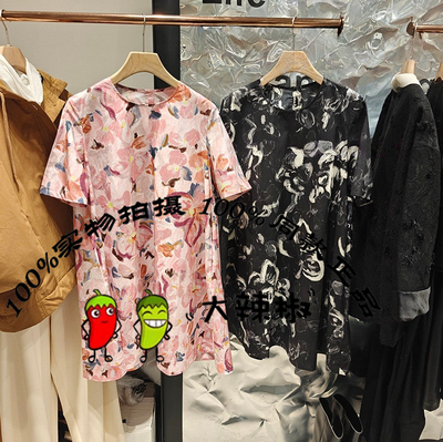 BDT1LD1377衣播女装新款印花短袖宽松A字裙圆领连衣裙花影绽春