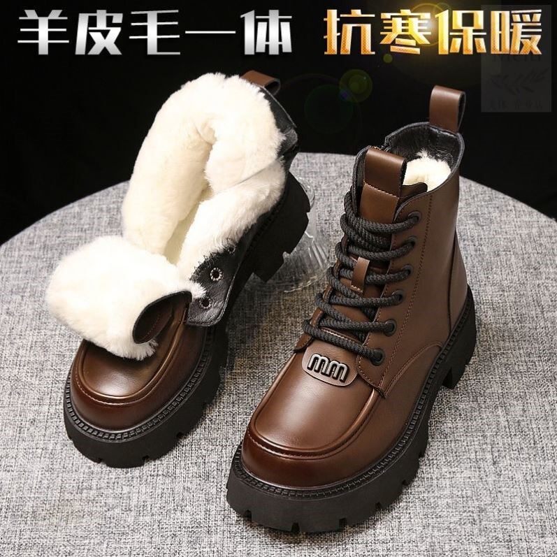 皮毛一体雪地靴女冬羊毛马丁靴女复古厚底保暖棉鞋加绒加厚棉靴子