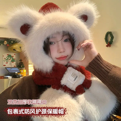 可爱小熊帽子围巾一体冬季新款