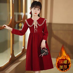 女童秋冬款连衣裙加绒儿童POLO领礼服中大童时尚洋气长袖红色裙子