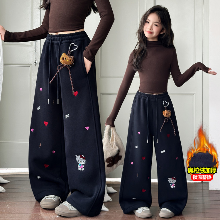 女童刺绣加绒直筒裤子休闲卫裤冬