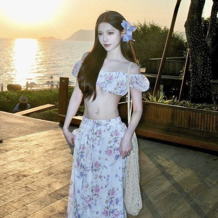 法式一字领碎花抹胸海边度假风分体长裙三件套泳衣女沙滩裙泡温泉