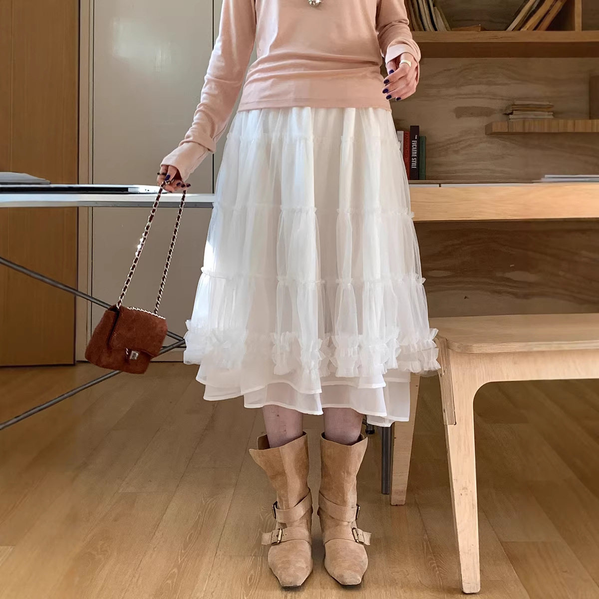 薇颂服饰2026春季新款女装层次感白色网纱半身裙女中长款蛋糕裙子