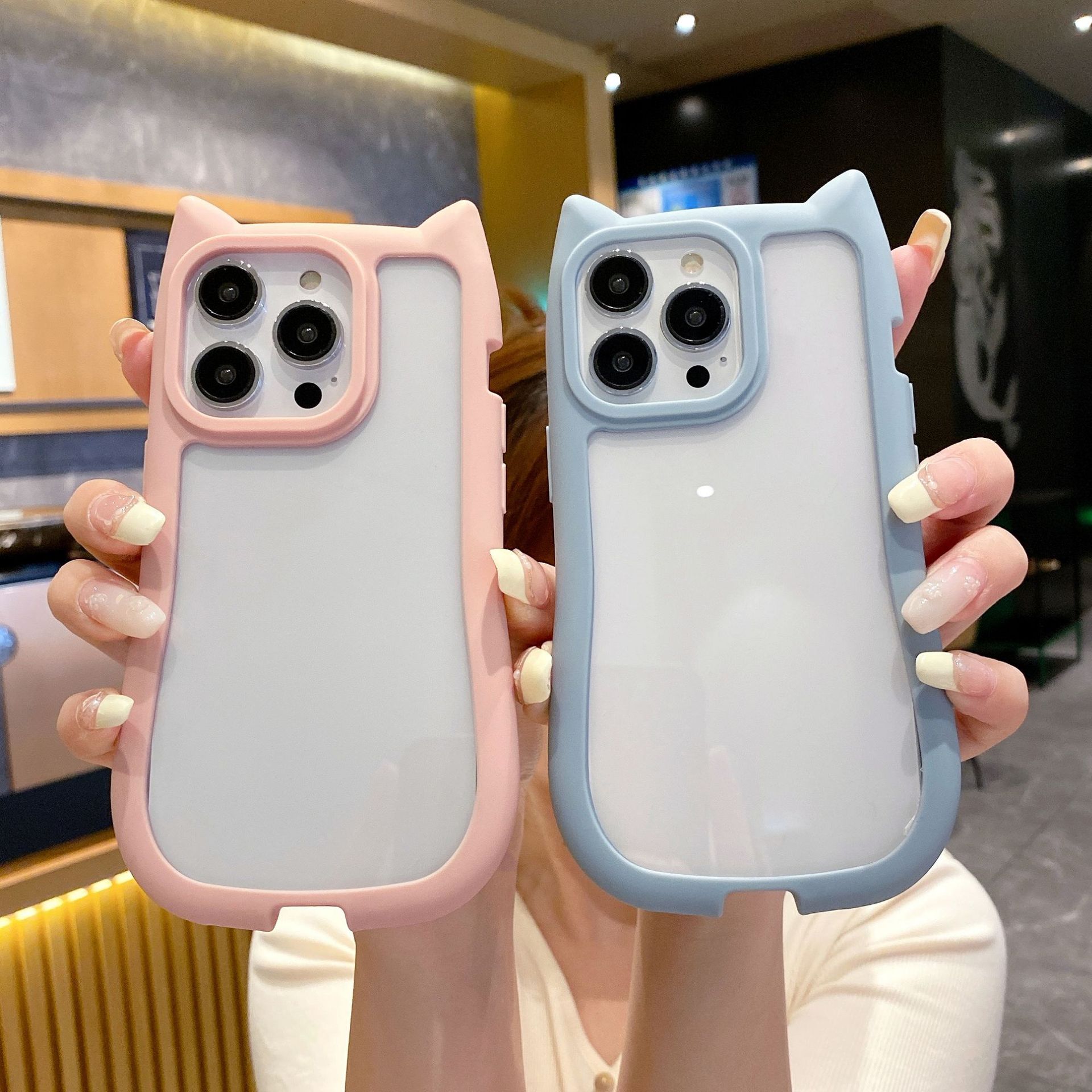新款适用苹果16PROMAX简约纯色猫耳朵手机壳iphone13防摔PC保护套