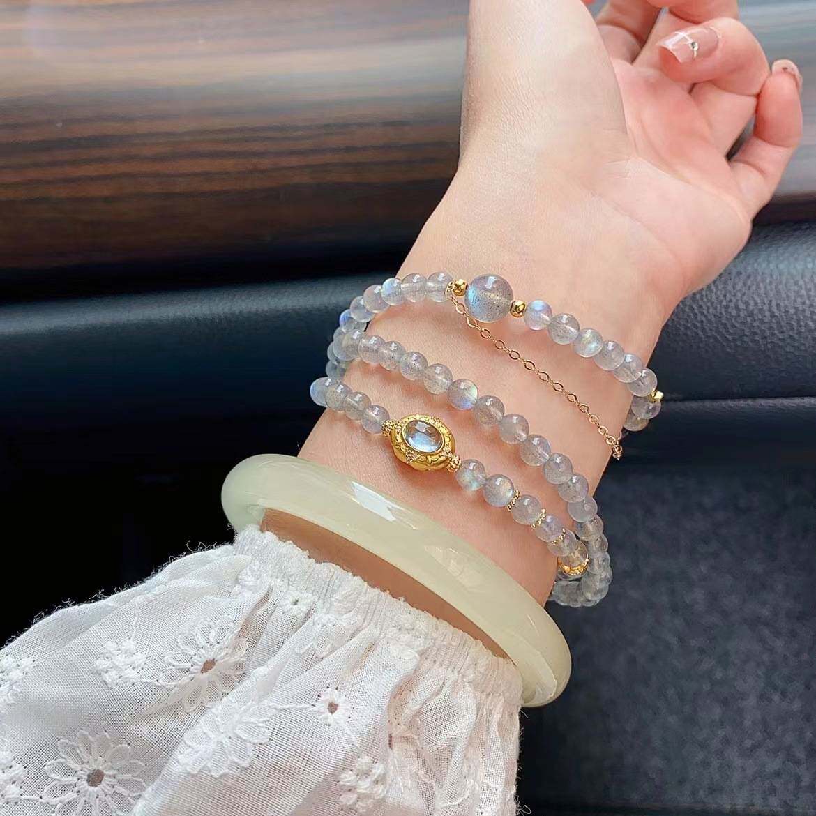 灰月光石海蓝宝多圈强蓝光三圈水手饰/手串