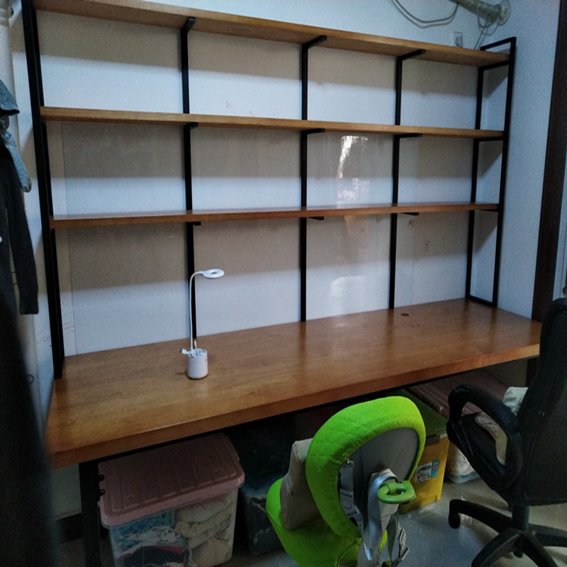 loft实木书桌书架组合家用铁艺书架书桌一体简约现Y代双人电脑桌