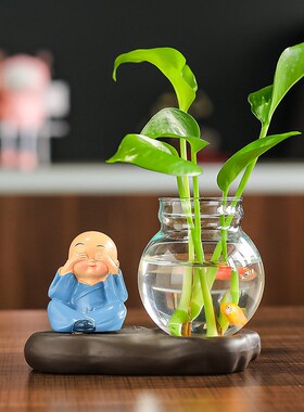 创意家居树脂工艺品m摆件四不小和尚插花水培绿萝花瓶办公桌装饰