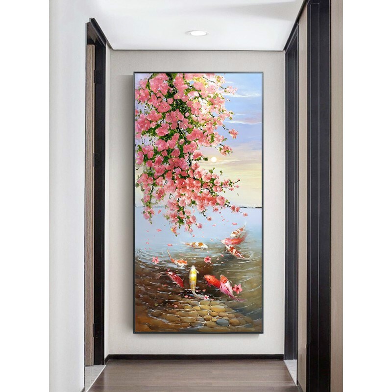 九鱼图纯手绘油画玄关装饰画新中式风景挂画现Q代壁画客厅装饰画图片