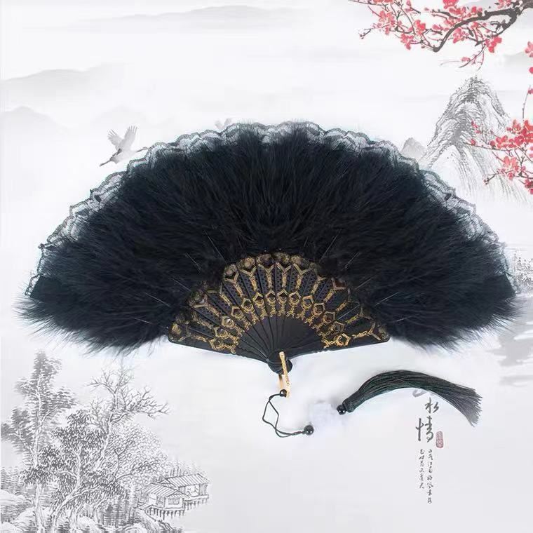 Classical folding fan retro Lolita feather fan cheongsam show lace fan Chinese style dance black and white feather fan