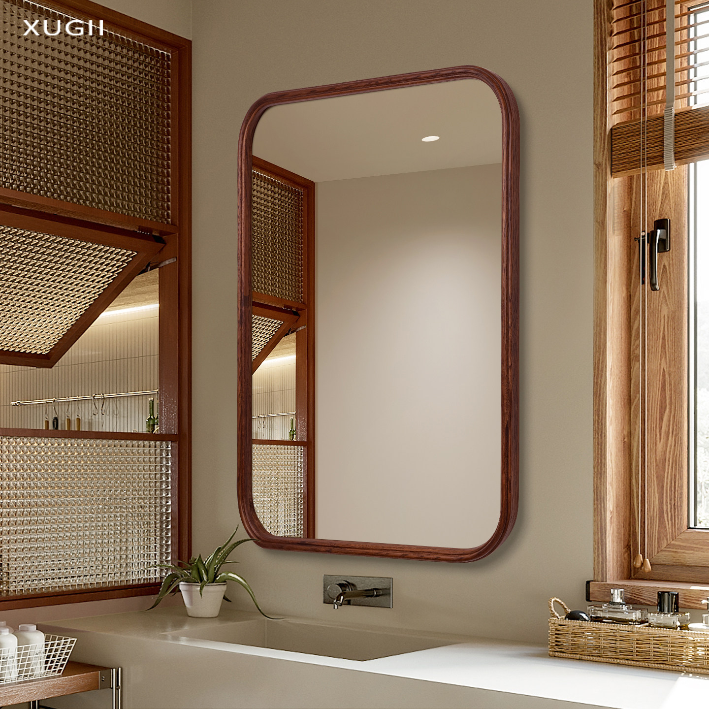 中古风木框浴室镜复古挂墙长方形玻璃镜子卫生间壁挂式胡桃化妆镜,家装主材,浴室镜,淘宝优惠券,粉丝福利购,淘宝优惠卷