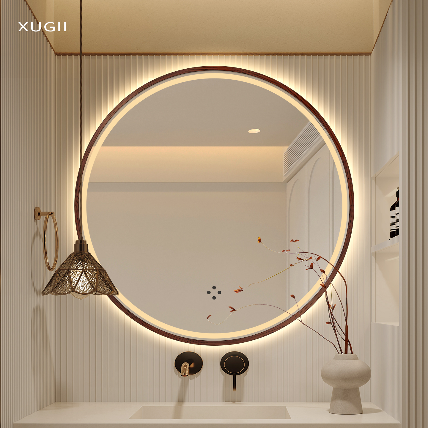 中古胡桃色浴室镜带灯圆形智能镜