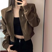 美式复古棕色短款外套女早春秋季高级感小个子宽松休闲夹克上衣潮