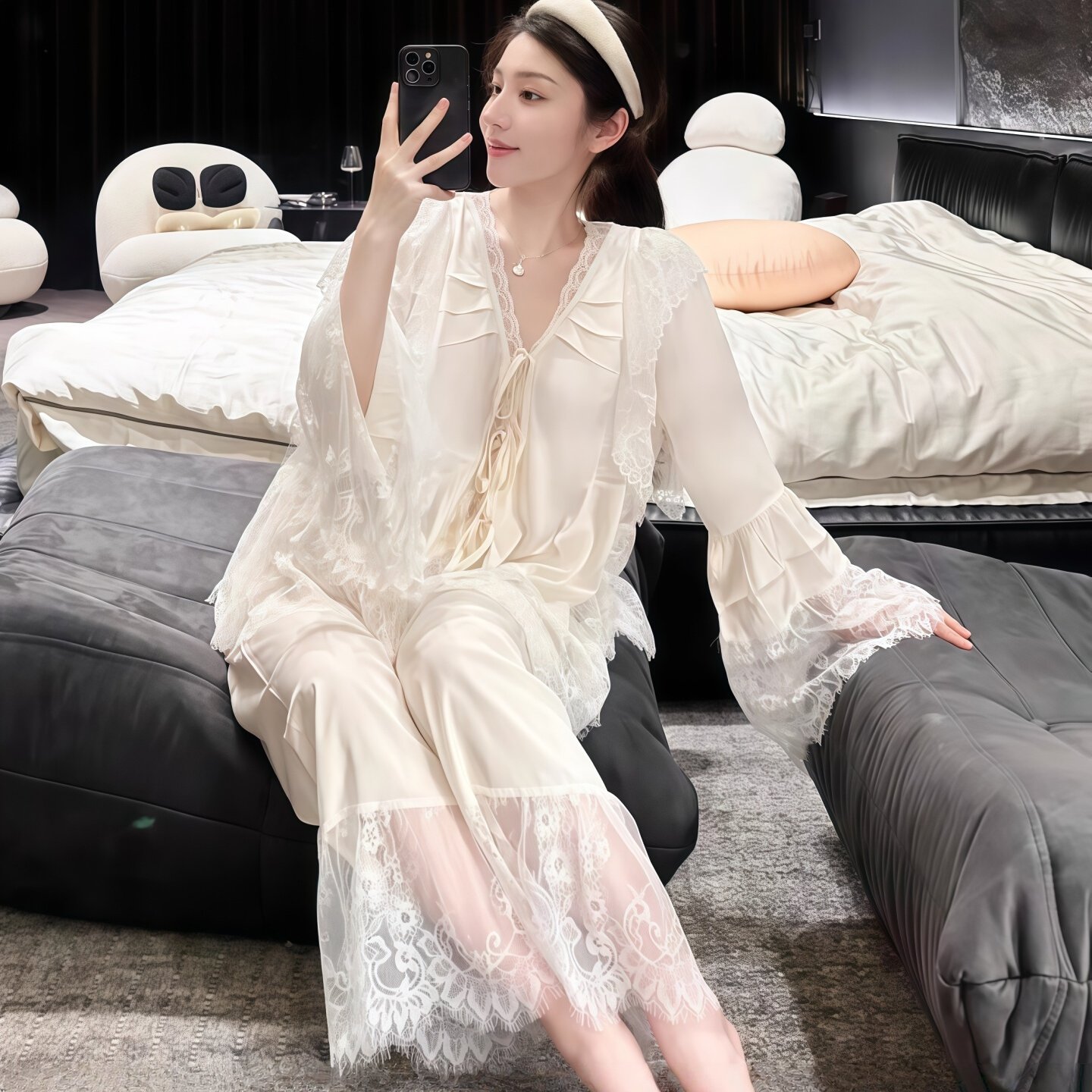 法式真丝蕾丝长袖睡衣礼盒装