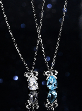 蓝托帕石莫桑石吊坠女925纯银镀PT950 铂金1克拉蝴蝶结水滴锁骨链