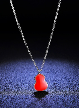 925纯银镀PT950 铂金珐琅陶瓷项链锁骨链女经典红葫芦吊坠饰品