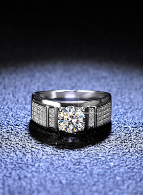 s925纯银镀铂金莫桑石戒指简约大气老板男戒婚戒饰品情人节礼物