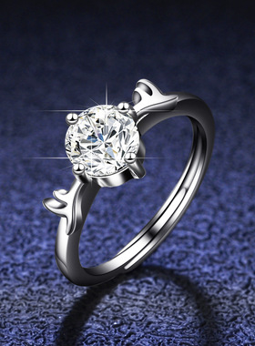 925纯银镀PT950 铂金莫桑石戒指鹿角一路有你ins钻戒子送女友礼物