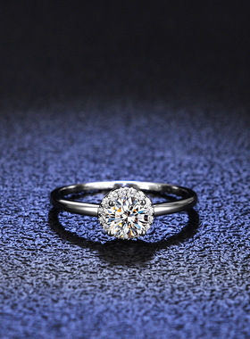 925纯银镀PT950 铂金莫桑石戒指女指环圆包闪钻ins钻戒尾戒子