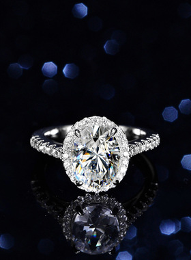 S925银戒指莫桑石异形蛋形女镀PT950 铂金戒子精工重工2克拉珠宝