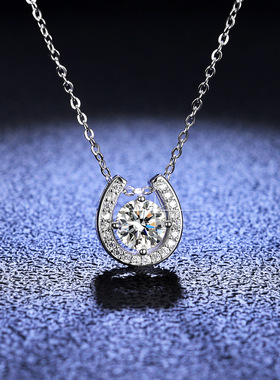 s925纯银吊坠莫桑石ins项链女款镀PT950 铂金马蹄银时尚锁骨链