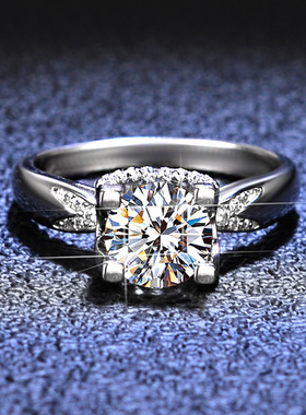 s925纯银戒指托一克拉四爪光身牛头莫桑石钻石镀PT950 铂金指环