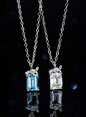 蓝托帕石莫桑石项链吊坠925纯银镀PT950 铂金1克拉几何祖玛绿切工