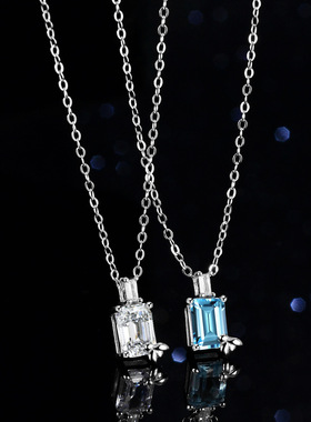 蓝托帕石莫桑石项链吊坠925纯银镀PT950 铂金1克拉几何祖玛绿切工