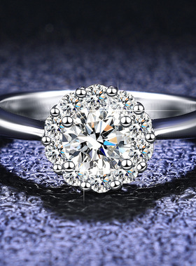 s925银1克拉D色莫桑石镀PT950 铂金结婚戒指四爪圆包奢华群镶显钻