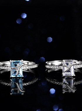 天然蓝托帕石925纯银镀PT950 铂金莫桑石戒指1克拉公主长方异形戒