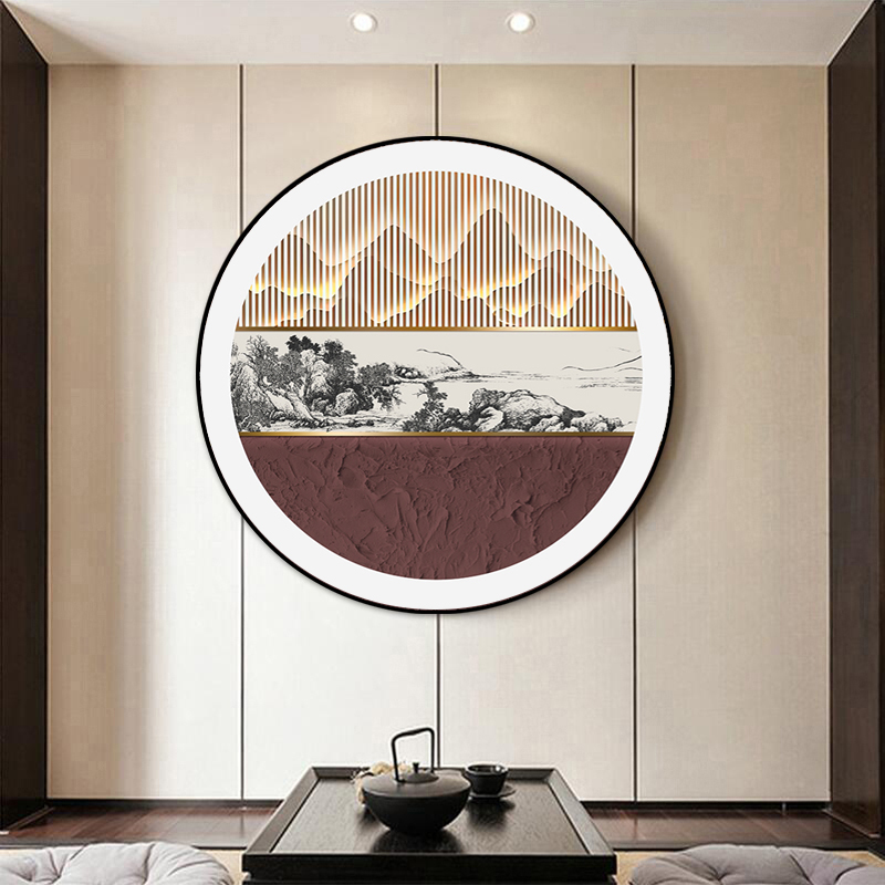 新中式书房玄关餐厅客厅圆形装饰画抽象依山傍水山水画中国风挂画图片
