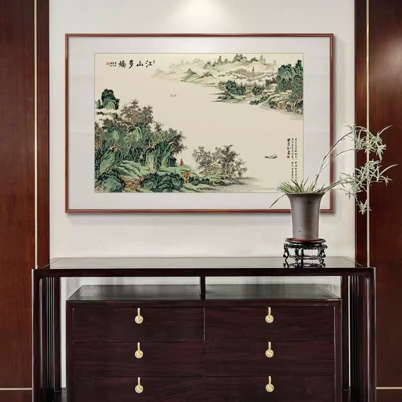 富春山居图新中式实木玄关挂画图片