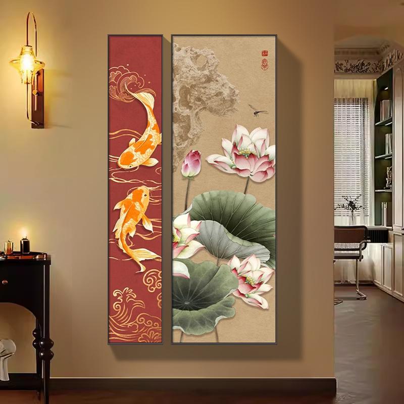 新中式入户玄关装饰画荷花高端大气走廊过道挂画锦鲤图组合二联画图片