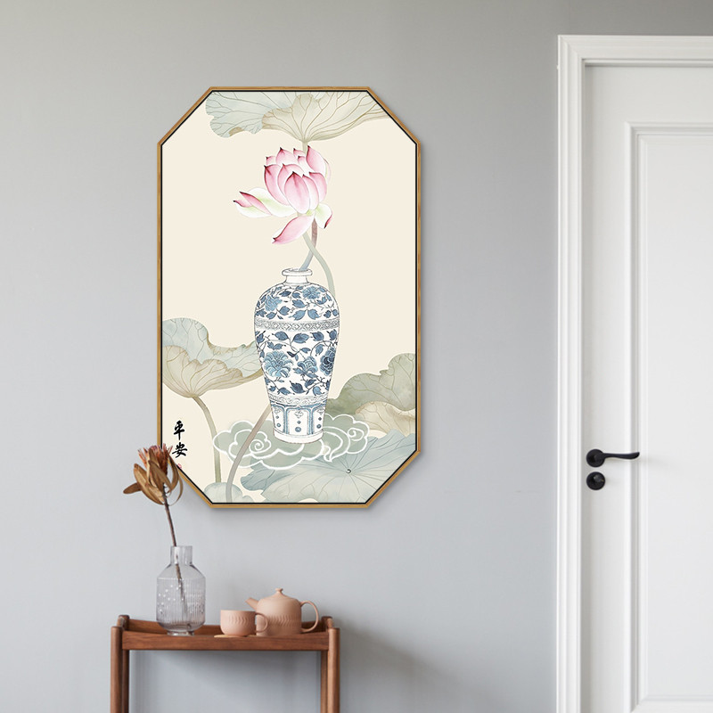 入户玄关装饰走廊过道墙面挂画新中式客厅卧室餐厅八边形壁画荷花图片