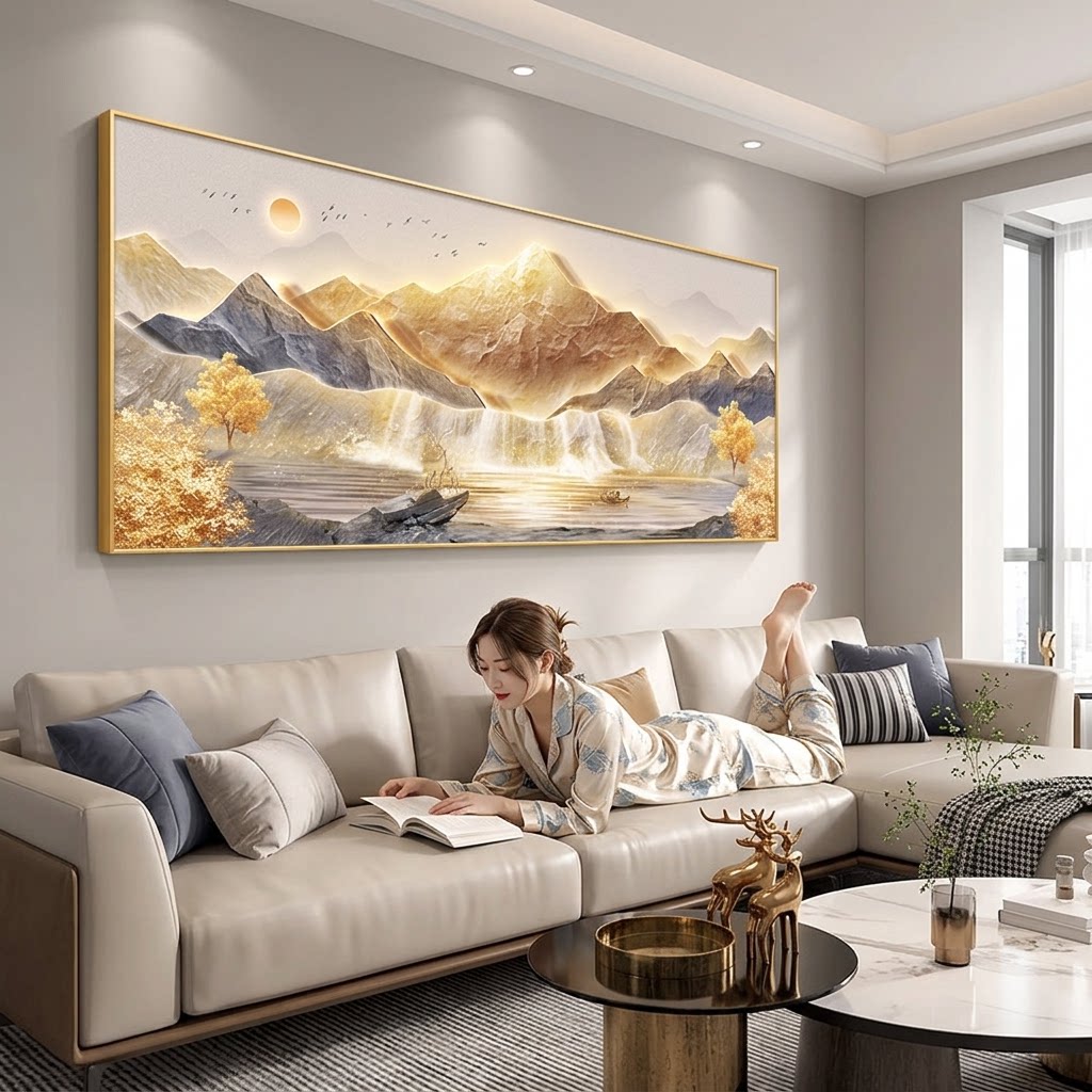 背有靠山山水画客厅装饰画聚宝盆沙发背景墙挂画聚福靠山流水生财