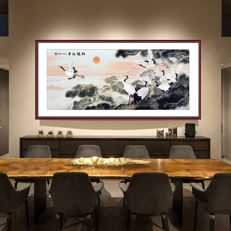 新中式客厅沙发背景墙装饰画办公室实木画松鹤延年长城瀑布风景画图片
