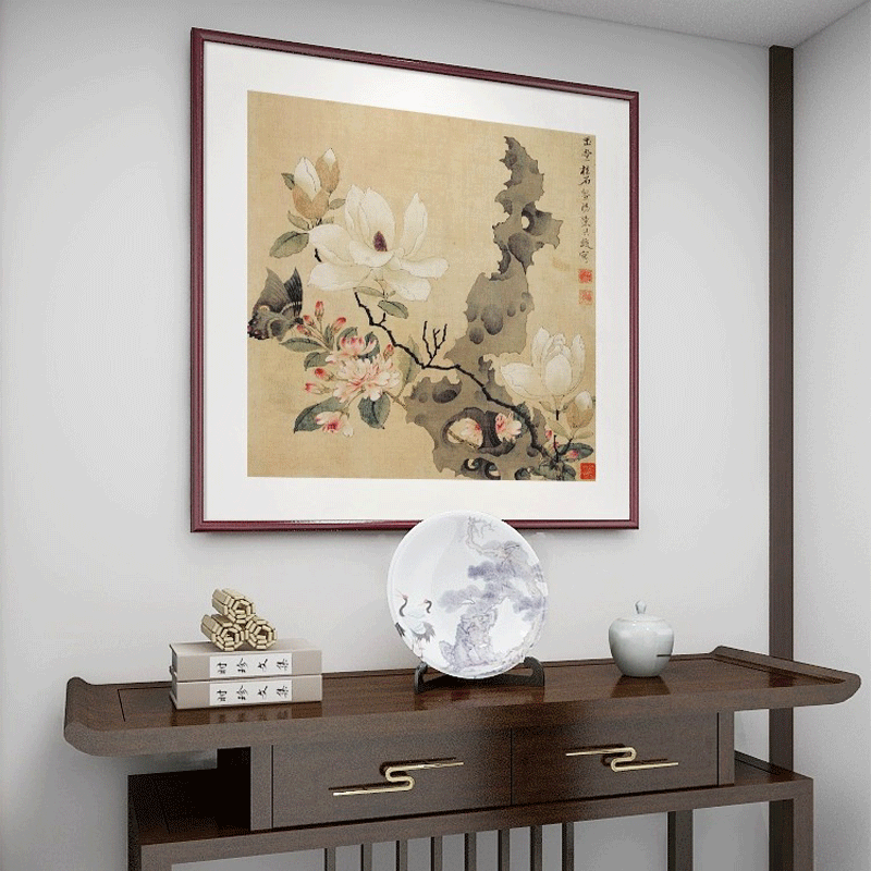 斗方国画花鸟挂画新中式玄关装饰画餐厅客厅墙画陈洪绶玉堂柱石图
