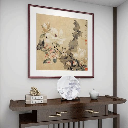 斗方国画花鸟挂画新中式玄关装饰画餐厅客厅墙画陈洪绶玉堂柱石图