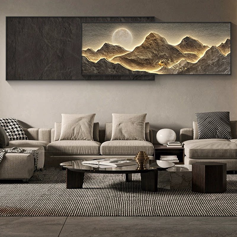 现代轻奢客厅装饰画大气高级感山水画壁画背有靠山沙发背景墙挂画
