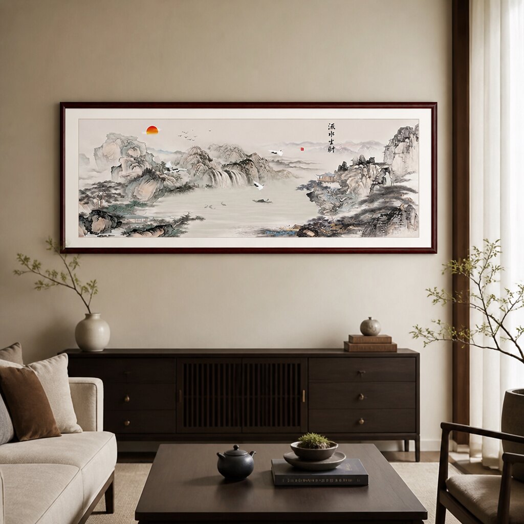 新中式客厅长幅装饰画实木山水风景画办公室聚宝盆锦缎装裱挂画