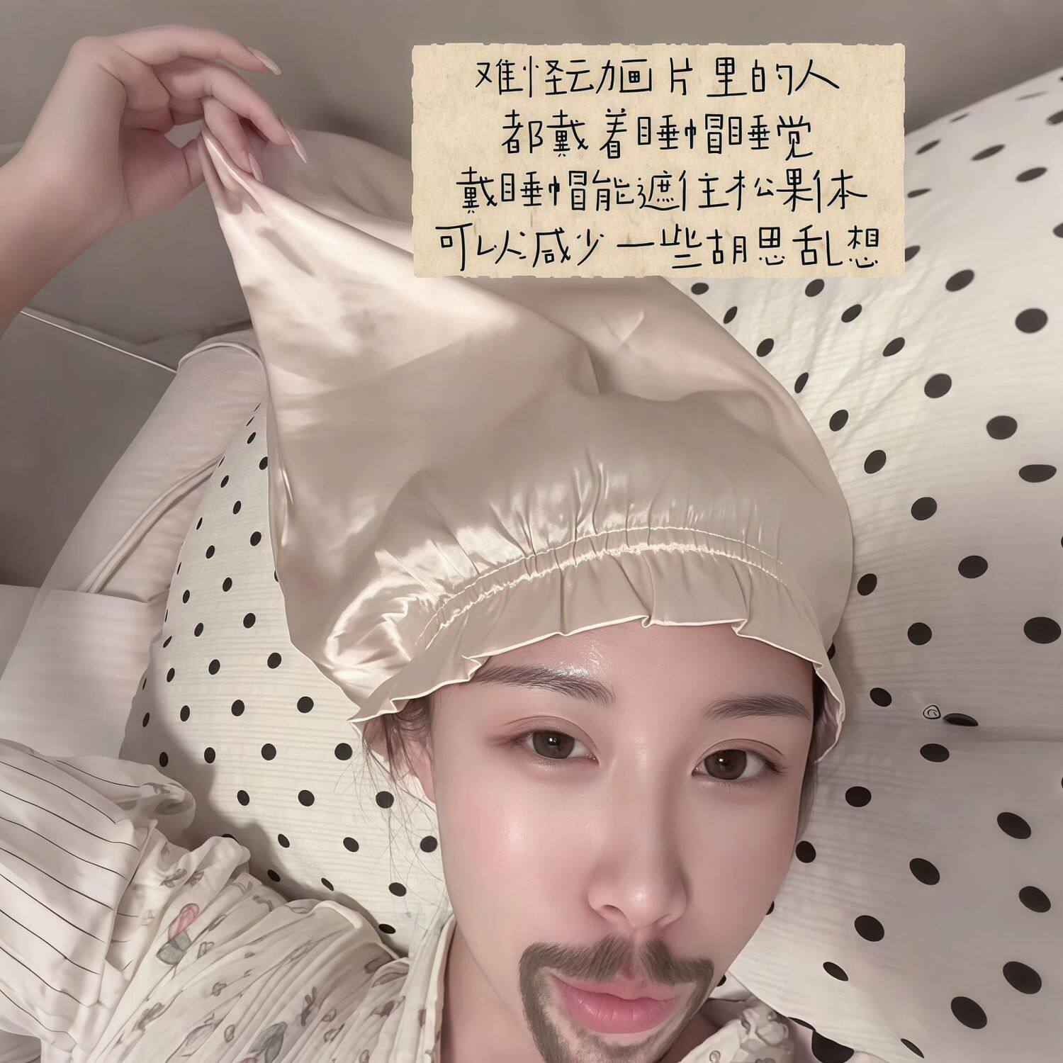 真丝头套高级香槟色睡帽女士长发晚上睡觉专用仿真丝护发帽产妇防